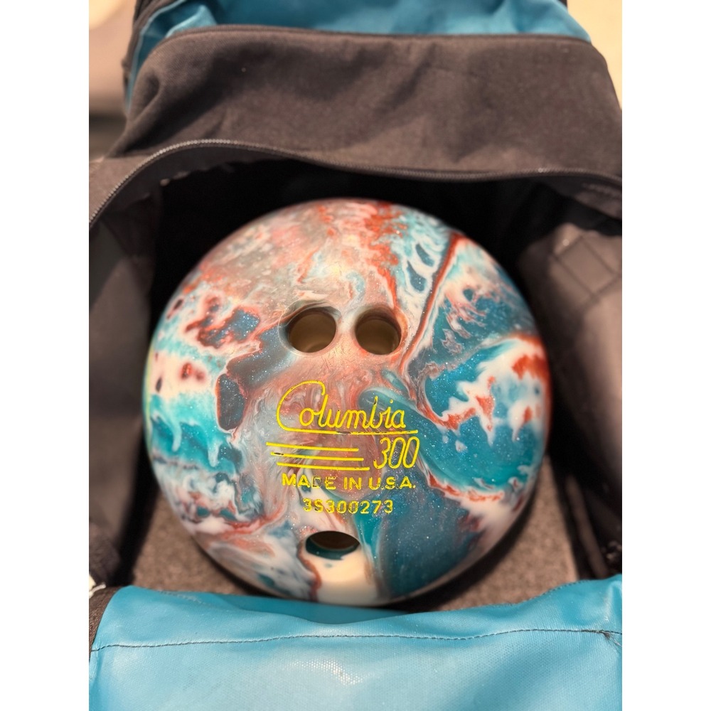 Columbia‎ 300 14 lb Bowling Ball Teal Red White Swirl with Carrying Bag USA